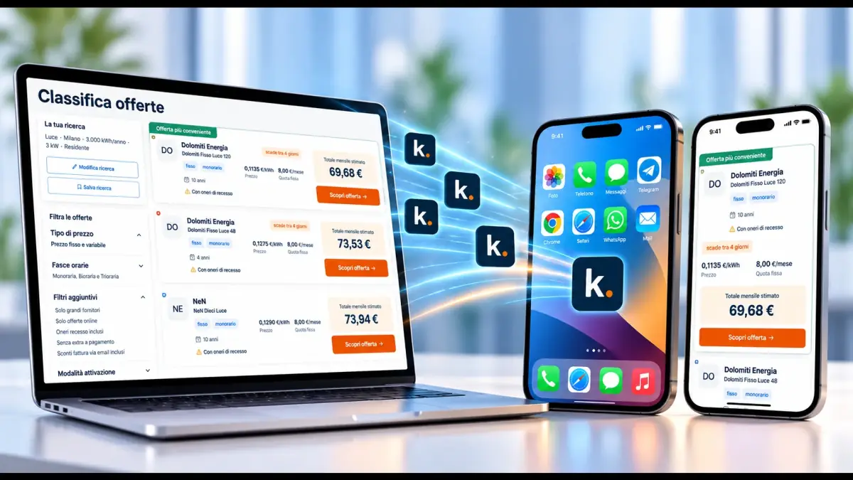 Un portatile e due smartphone mostrano la classifica delle offerte di kapito e l'icona della Web App