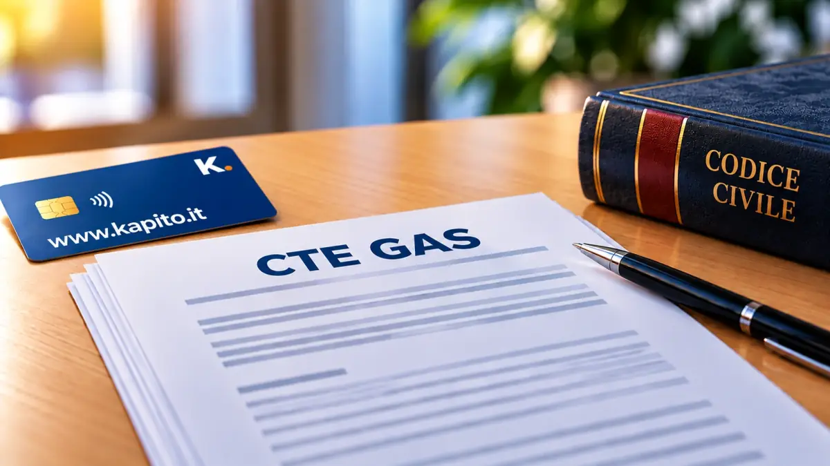 Condizioni tecnico-economiche gas su una scrivania, accanto a una penna, un volume del Codice civile e una tessera con il sito kapito