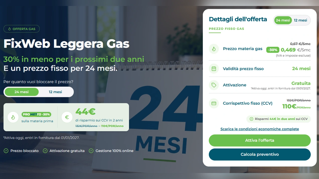 Schermata dell'offerta FixWeb Leggera Gas di MET: prezzo di 0,469 euro per Smc bloccato per 24 mesi e ingresso in fornitura indicato dal 1 gennaio 2027