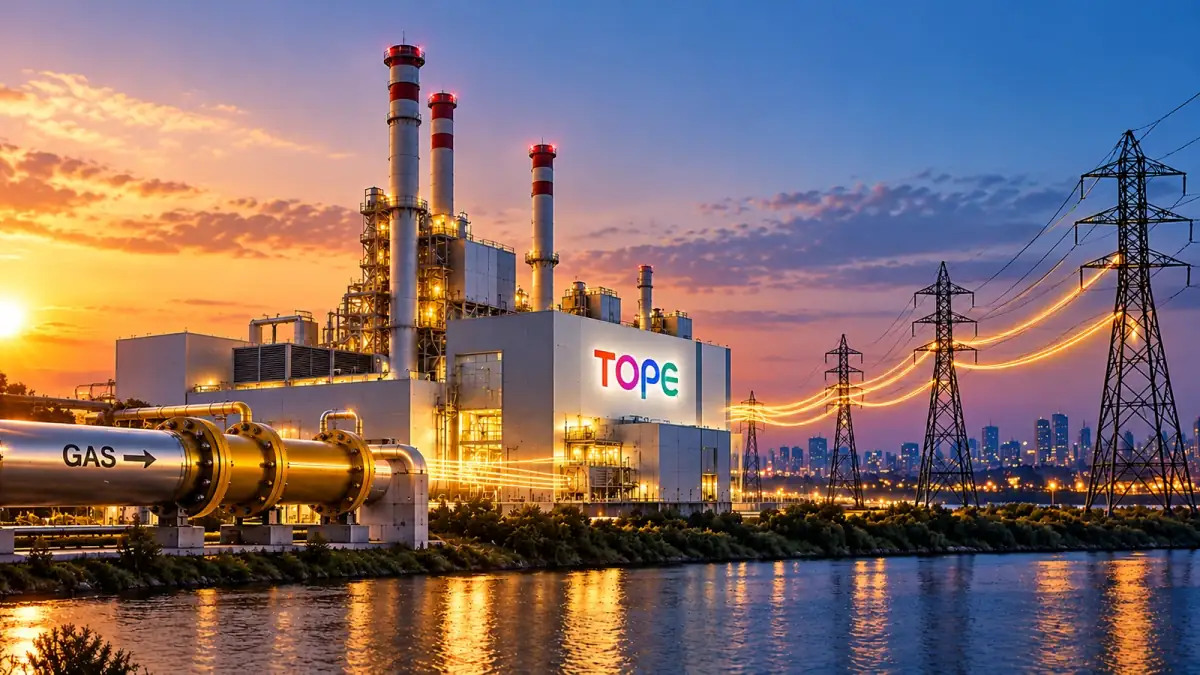 Centrale termoelettrica al tramonto, con un gasdotto, tralicci elettrici e la scritta TOPE